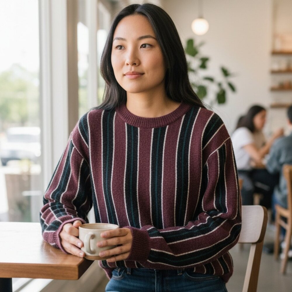 RVCA Women's Medium Maroon Blue Black Stripe Stretchy Soft Sweater Southwest